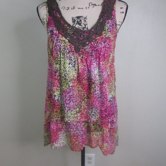 New Directions Sleeveless Blouse S Brown Pink Green Crochet - Picture 4 of 12